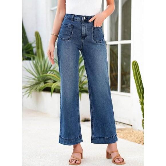 Women’s Wide Leg Jeans High Waisted Stretchy Denim Pants with Pockets - Picture 4 of 6